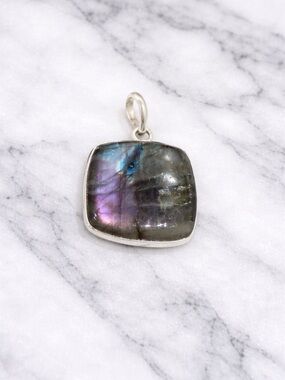 Labradorite Pendant Purple Flash Square Statement Necklace Crystal Silver Plated
